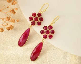 Natural Ruby Dangle Earring/Faceted Cut Stone/Bridal Earring/Handmade Jewelry/Ruby Wedding Earring/Gold Plated Jewelry/B'day Gift
