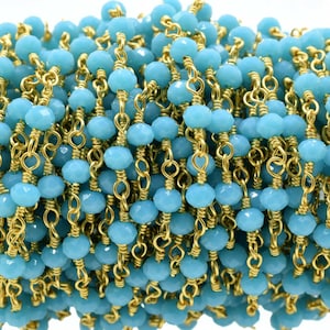 Turquoise Agate 3mm Beaded Chain,Turquoise Faceted Beads Wire Wrapped Chain,Brass chains,Jewelry Making Chain,Turquoise Beads rosary Chain