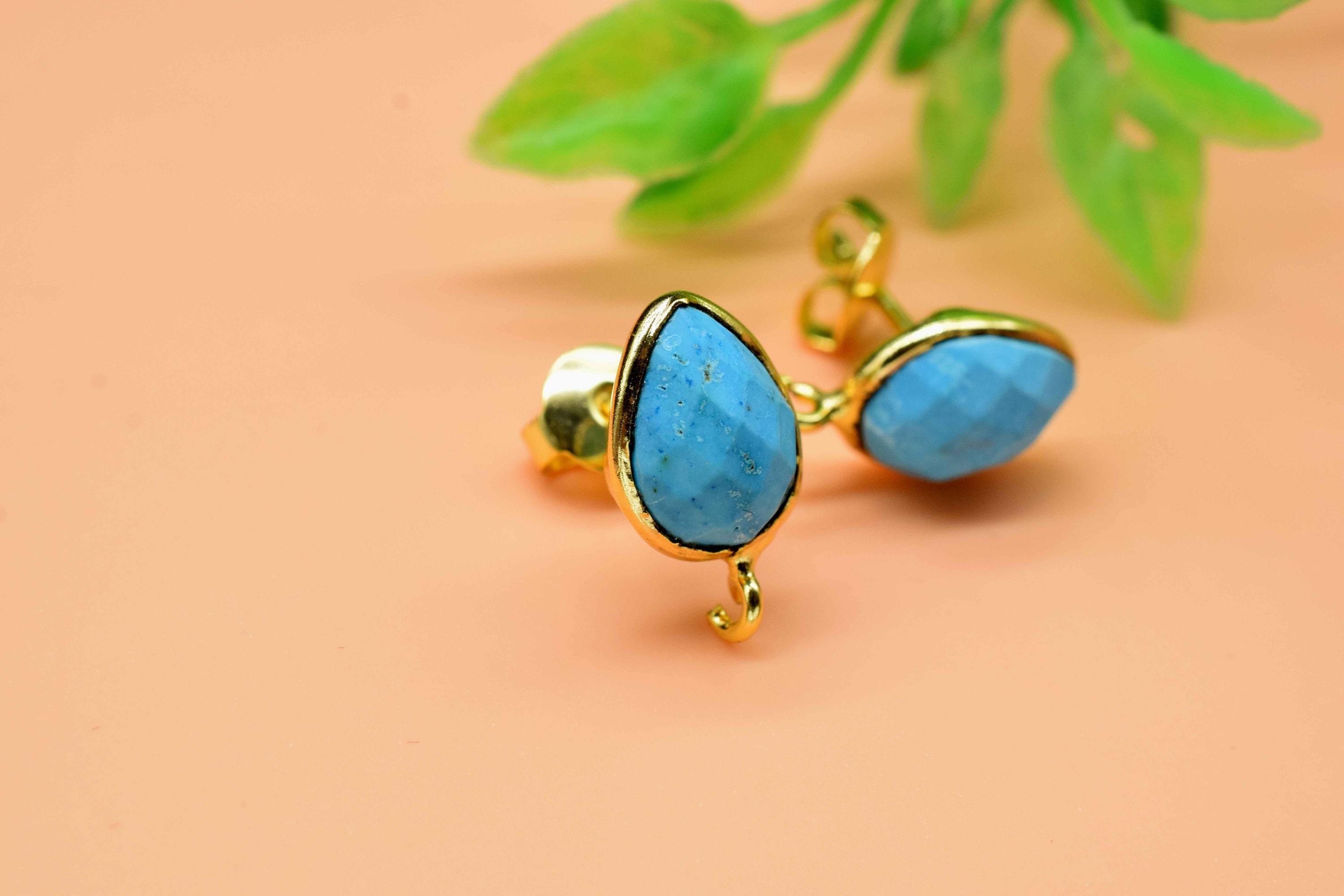 Pierre De Turquoise Stud/connecteur Pour Boucles D'oreilles - 13x13mm - Bleue - Fait Main En Inde