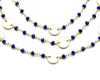 Blauer Saphir Perlen Kette 3 mm-3,5 mm Rosenkranz Kette, Gold Plated Wire Wrapped Kette, Charms Kette, Münze Charms, Saphir Charms, blau Farbe Kette