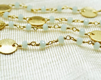 Aqua Chalcedony 3-3.5mm Rondelle Faceted circle Charm,24K Gold Plated Rosary Chain,Chalcedony Beaded Chain,Beaded Gold Plated Wire Wrapped