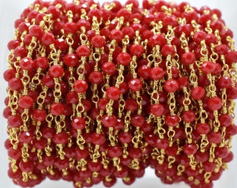 Rot Rubin Hydro Quarz Facettierte Rosenkranz Perlen Kette, Rot Rubin Quarz Facettierte Wire Wrapped Rosenkranz Kette, 3 - 3.25 mm - Perlen Rosenkranz Rubin Perle