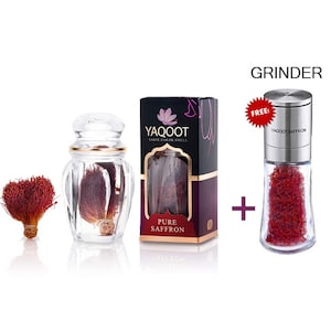 Yaqoot Pure Saffron Threads Bunch + FREE GRINDER, Authentic Gourmet Cooking Herbs and Spices, A Grade Negin, Natural Red Filaments