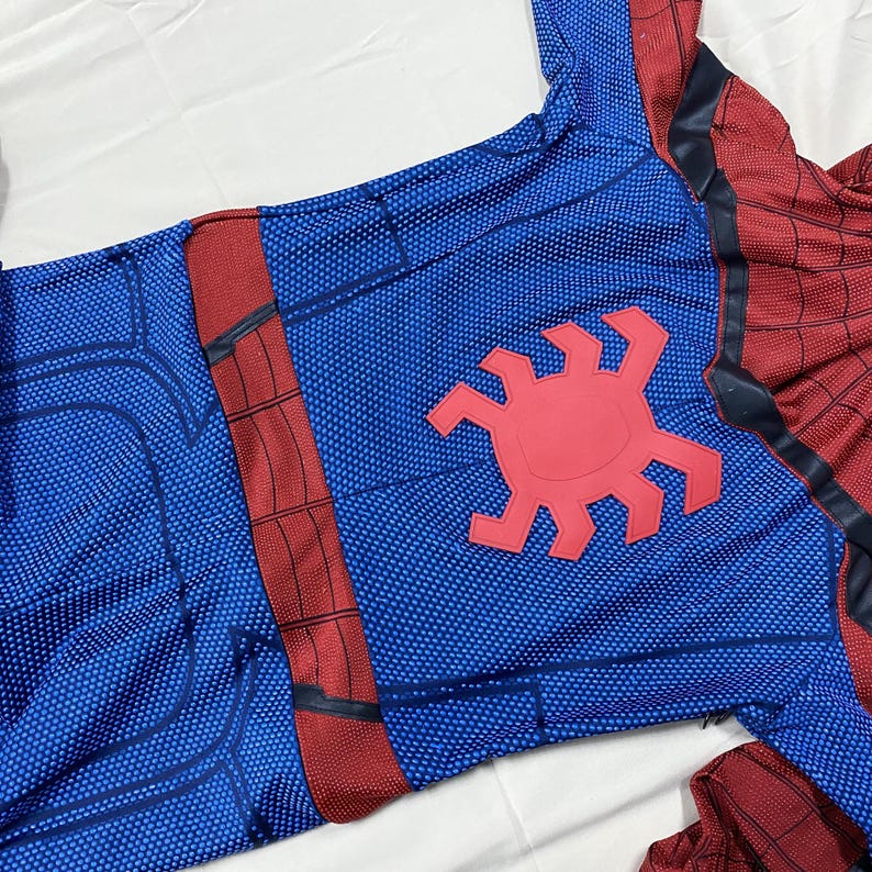 May include: A blue and red Spider-Man costume. The blue sections have a textured pattern, with red accents and a large red spider emblem on the chest. The costume is made of a flexible material.