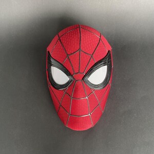 May include: A red Spider-Man mask with a black web pattern and black eye surrounds. The eye lenses are white with a mesh texture. The mask is a full face covering.