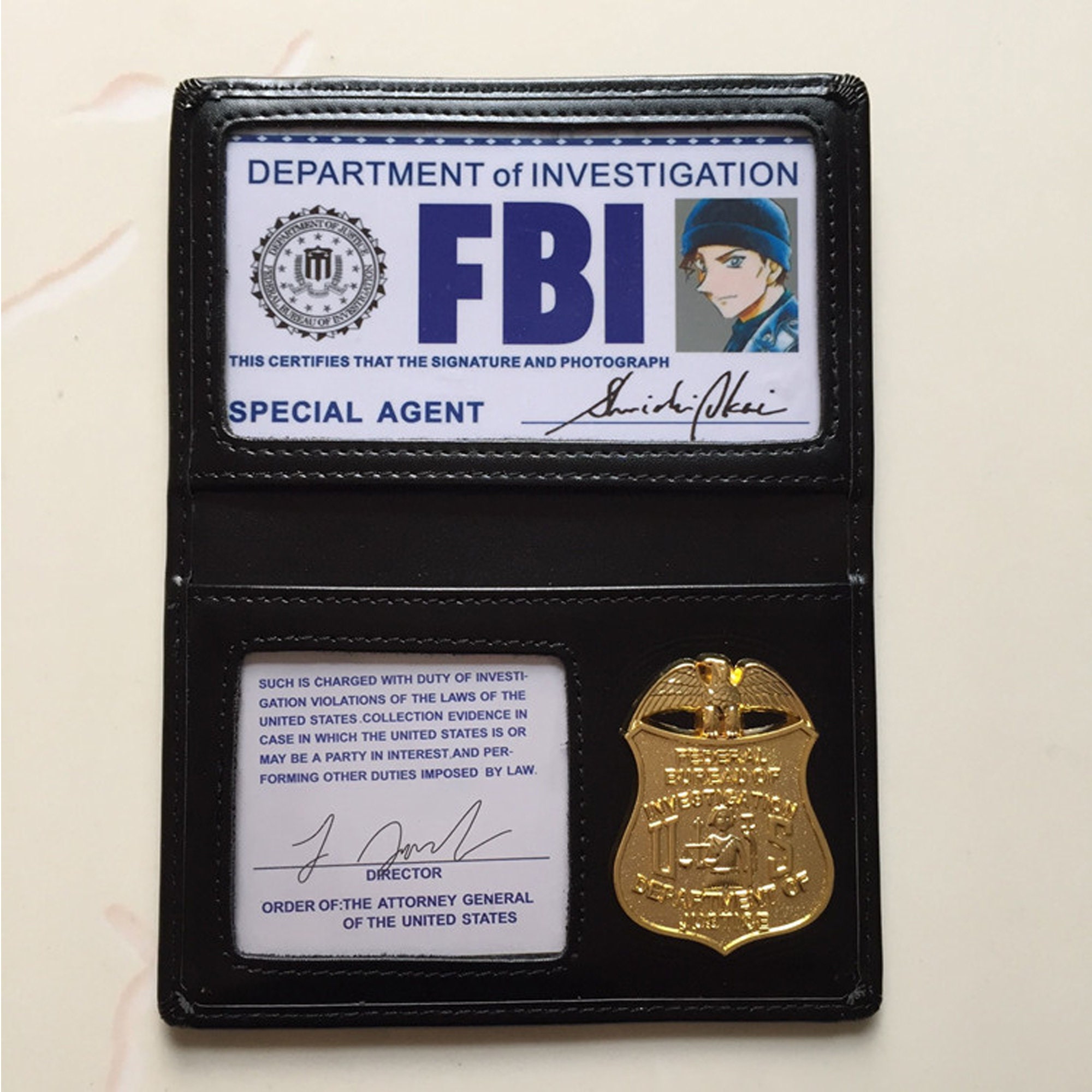 Leather Wallet Driving License ID Card Holder Wallet Case FBI Metal Badge  Stamp