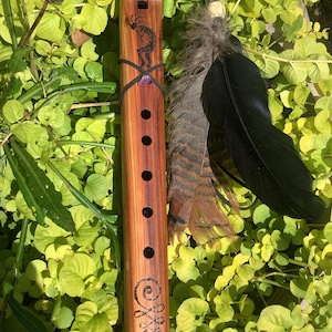 May include: A cylindrical wooden flute featuring a dark brown finish with visible wood grain, five finger holes, and a carved Kokopelli figure. The instrument is adorned with a small purple stone, a turquoise bead, and a black leather cord.