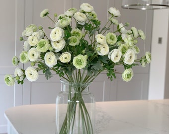 65cm Artificial Faux Ranunculus Stems - White & Green| Faux Wedding Flowers|