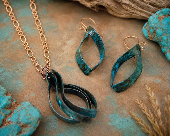 Patinated Copper Pendant Necklace, Handmade Turquoise Verdigris Jewelry, Southwestern Statement Necklace