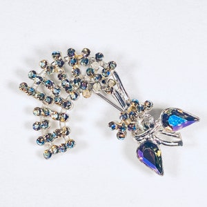 Vintage Silver Tone Metal Floral Pin with Aurora Borealis Rhinestones, 1960s era, Pin Back
