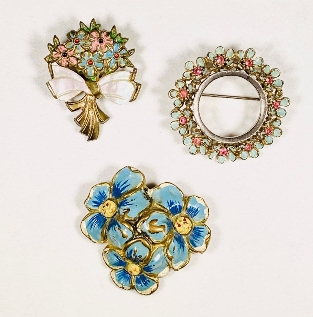Lot of Three Lovely, Petite Pins, All in Gold Tone With Various Colors ...