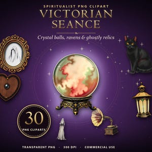 Puede incluir: Una colección digital de imágenes prediseñadas de sesiones espiritistas victorianas que incluye una bola de cristal sobre un soporte ornamentado, un gato negro, un retrato enmarcado, un objeto en forma de corazón, una linterna, un gramófono y una figura.