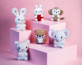 Combo crochet models 6 animals, otter cat monkey elephant ladybug rabbit, amigurumi instructions, French PDF tutorial, mini animals