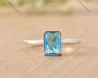 Lab-Created Swiss Blue Topaz Octagon Ring, 925 Sterling Silver Solitaire, Minimalist Jewelry