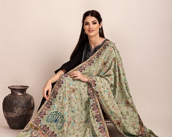 Feather-Gray Pure Pashmina Shawl from Kashmir with Sozni-Embroidered Floral Vines