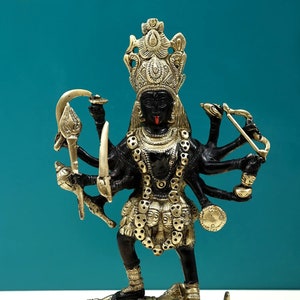 9" Ten Armed Goddess Mahakali Statue In Brass | Handmade Brass Idol | Goddess Kali Brass Sculpture For Temple | Figurine For Gifting