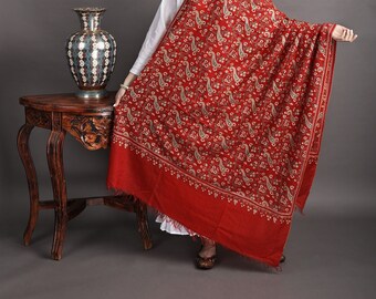 Urban-Red Pure Pashmina Shawl from Kashmir with Sozni Hand-Embroidered Paisleys and Flowers in Multicolor Thread