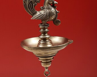 11" Peacock Hanging Diya | Handmade | Hoysala Art