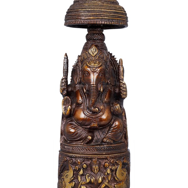 10" Lord Ganesha with Gaja Lakshmi on Pedestal | Brass Carved Statue | Brass Sculpture for Temple | Figurine for Gifting