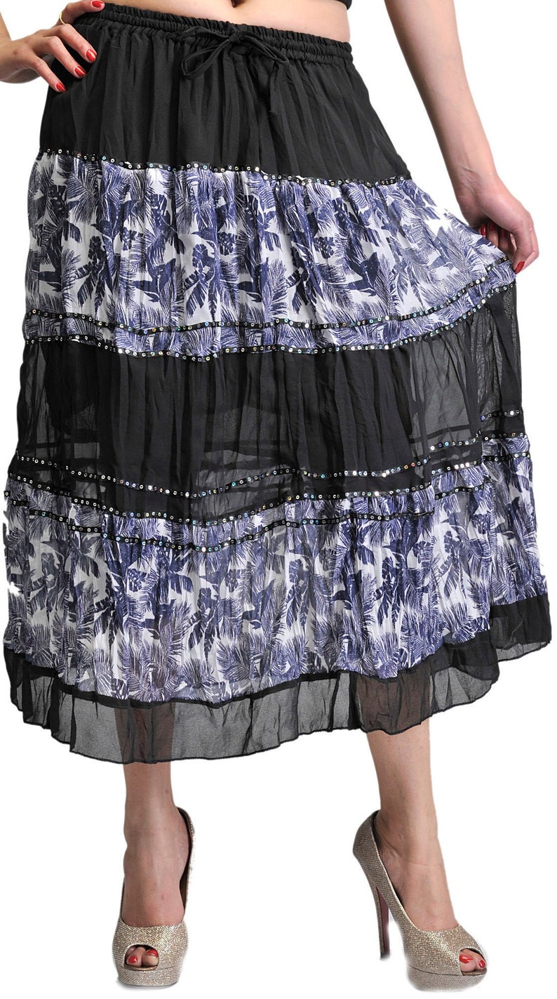 Black Midi-Skirt with Printed Palm Trees and Embroidered Sequins
