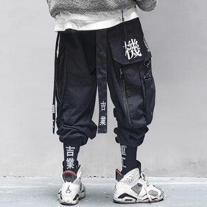 Japanese Embroidered Techwear Pants with Belts Cyberpunk Cargo Pants