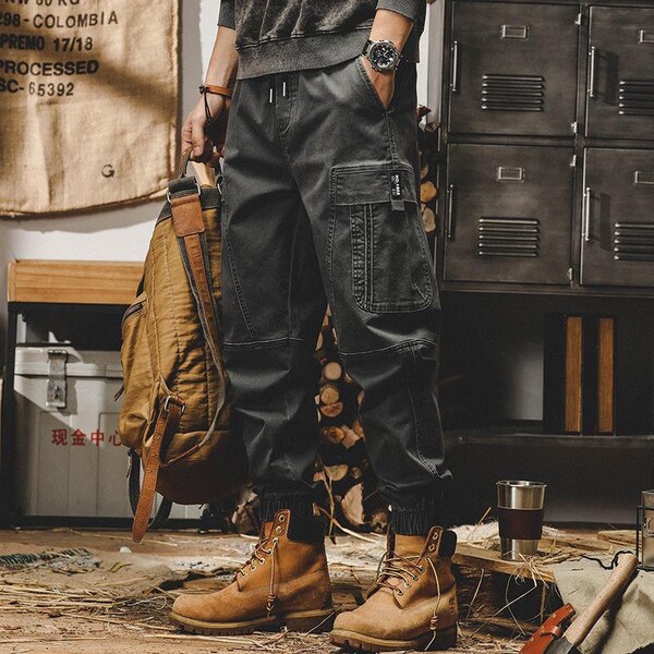 Men's Retro Workwear Vintage Cargo Pants Loose Casual Techwear Pants Utilitarian