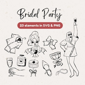 Cute Hand Drawn Bridal Party SVG, Outline bachelorette sleepover clipart, Shes tying the knot line doodle icons, Bridesmaid proposal PNG