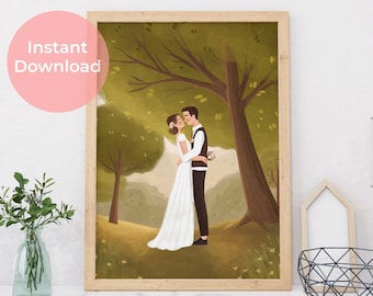 Bride and Groom printable art, Wedding couple watercolor illustration for newly weds gift, invitations | Garden wedding ceremony | 3 prints