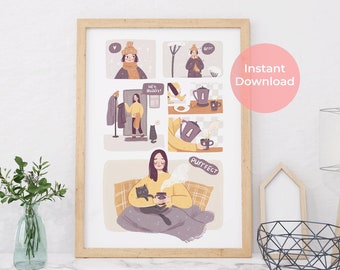 Cozy home printable poster. Hygge  printable wall art with cute winter joys collection. A gift for slow life lovers
