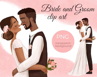 Wedding watercolor clipart for Save the Date wedding invitation, greeting card design | Bride and groom clip art | Black couple boho wedding