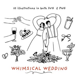 Wedding svg clipart, whimsical outline illustrations, cute Save the dates line art graphics, bride and groom PNG, drinks, flowers, decor
