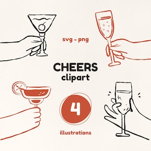 Cheers SVG - Cocktail clipart - Hands Holding Glasses - Black & White, Whimsical Hand Drawn Instant Download - Commercial Use
