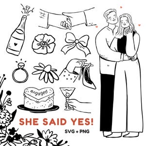 Whimsical Engagement party clipart, Outline wedding icons, Save the dates doodle graphics bundle, cheers SVG, cute love PNG, Personal Use