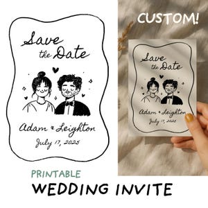 Printable custom Save the Date, cute wedding couple portrait illustration for whimsical wedding invitation, Personalized outline doodle png