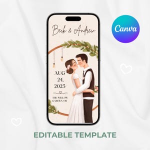 Wedding invite template, Watercolor online digital invitation, Save the date card editable design, cute bride and groom, wedding arch art w1