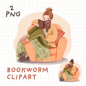 Book Worm PNG clipart, hand drawn clipart of a cute book lover, black girl planner sticker printable, cozy book lover digital print