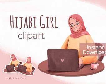 Hijabi planner girl clipart. Watercolor Muslimah hijabista Planner Sticker Printable. Girl Boss sublimation PNG