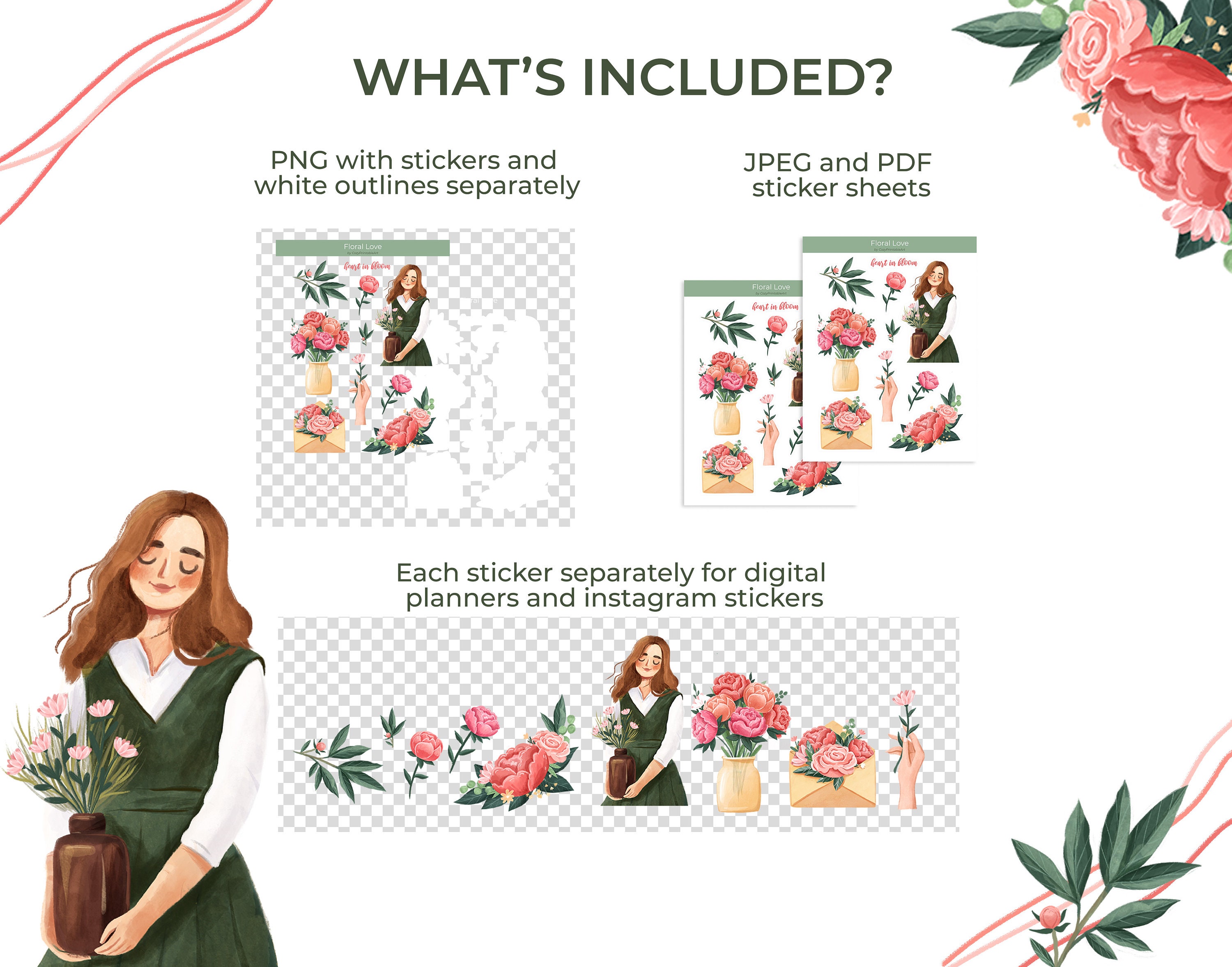Printable Stickers With Botanical Elements and Cute Girl, Digital Set ...