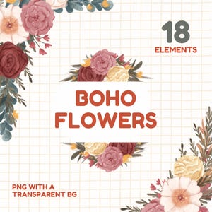 Boho flowers clipart. Rustic dried flowers borders, frames, arrangements and patterns. Watercolor illustrations