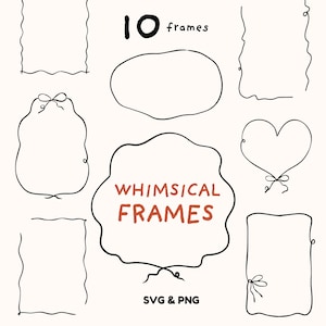 Puede incluir: Un conjunto de 10 marcos caprichosos en arte de línea negra. Los marcos son de varias formas, incluyendo círculos, corazones y formas irregulares. El texto "WHIMSICAL FRAMES" está escrito en letras rojas en uno de los marcos. El texto "SVG & PNG" está escrito en letras negras en la parte inferior de la imagen.