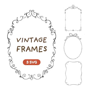 Puede incluir: Una colección de diseños de marcos vintage en negro, con un marco ovalado que presenta el texto "VINTAGE FRAMES" y un botón rojo "3 SVG". Marcos adicionales incluyen uno rectangular, uno en forma de lazo y otro con bordes festoneados.