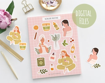 Skincare routine digital stickers. Printable selfcare stickers PNG for planners and Ig stories