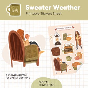 Cozy planner digital stickers. Sweater weather autumn printable sticker sheet. Hygge digital stickers. Instant download