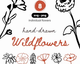Wildflower outline svg clipart bundle, botanical line art, PNG, SVG, whimsical wedding invites, signs, cute save the dates, commercial use