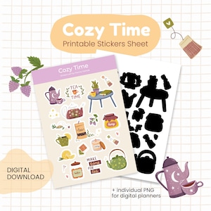 Cozy stickers sheet. Tea and books printable stickers ready for print & digital planner stickers PNG with tea, books, cozy vibes