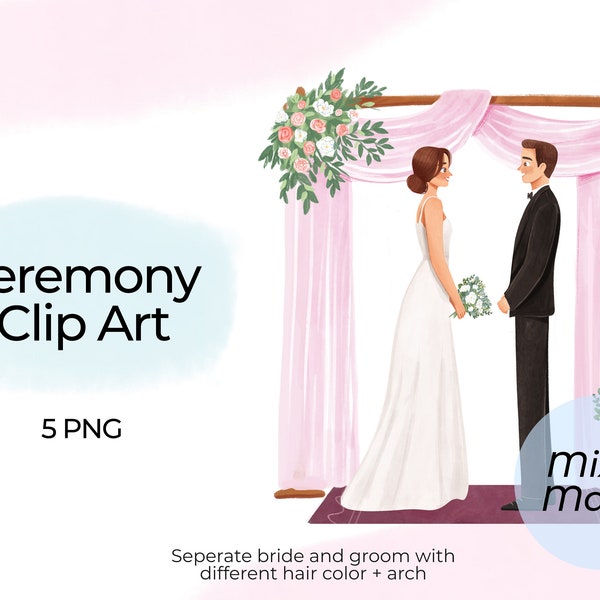 Wedding couple at ceremony clipart. Bride and groom PNG, wedding arch clipart for Save the date cards, wedding invitations, wedding signs