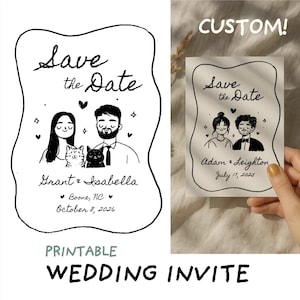 以下が含まれることがあります： 手描きのイラストが描かれた、白黒印刷可能な結婚式の招待状。 デザインは、カップル、「Save the Date」という言葉、Grant & Isabella、Boone, NC、2026年10月8日の名前が特徴です。「CUSTOM!」という言葉が一番上にあります。