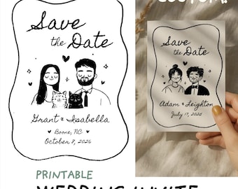 Printable custom Save the Date, cute wedding couple portrait illustration for whimsical wedding invitation, Personalized outline doodle png