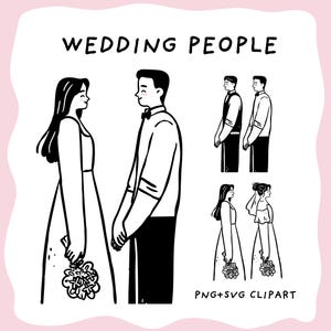 Wedding people SVG, Cute Bride, Groom, Bridesmaid, best man Line Art, Outline Wedding Clipart for Cricut, Romantic Wedding PNG for Invites