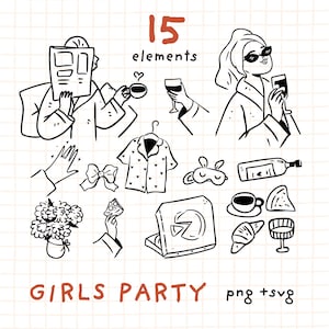 Bachelorette svg hand drawn clipart bundle, Girls gone mild PNG, Outline Bridal party icons, Shes tying the knot, Whimsical bridal shower